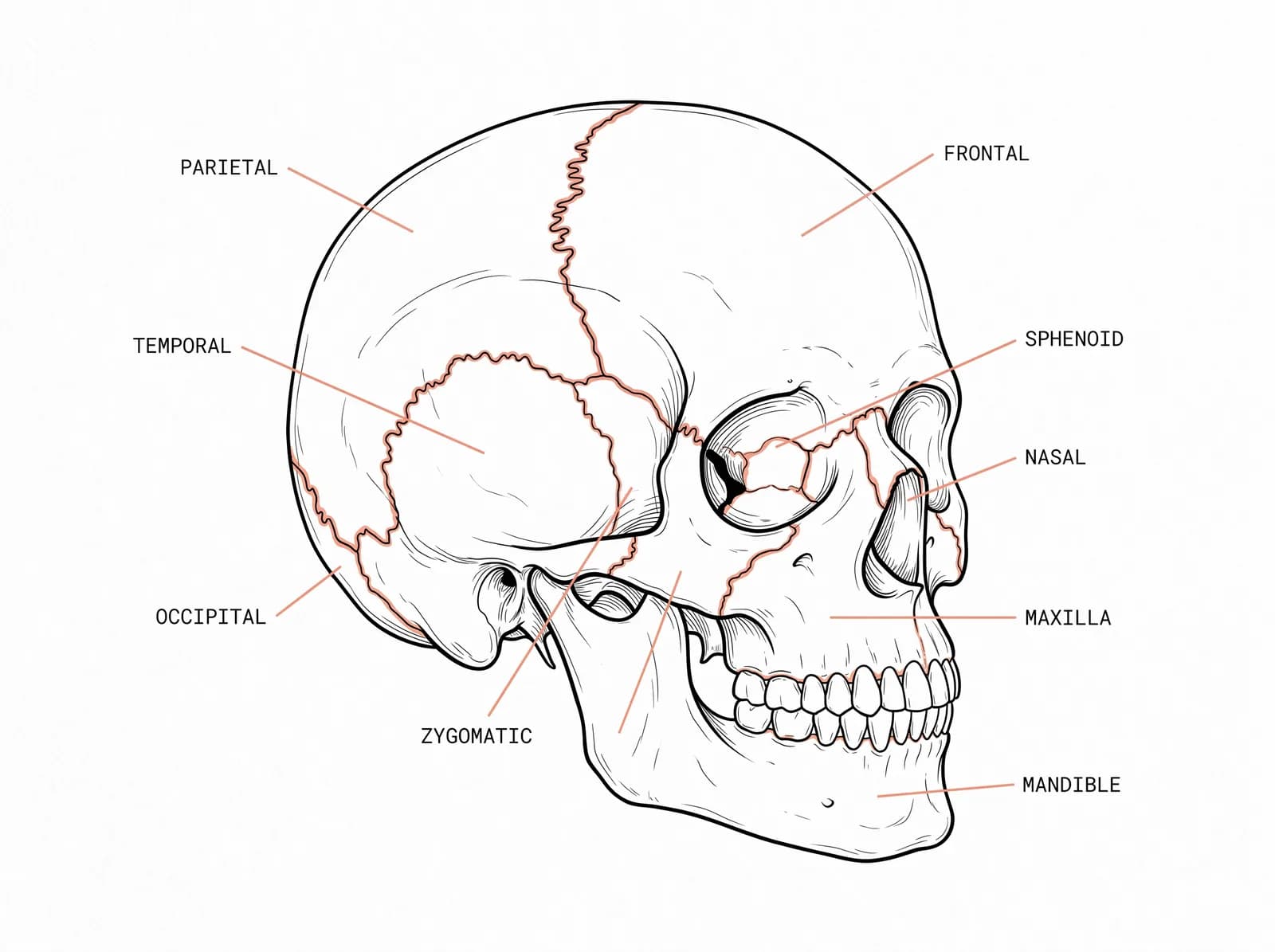 Anatomical diagram of the skull's 22 bones meeting at their sutures, the fibrous joints between them