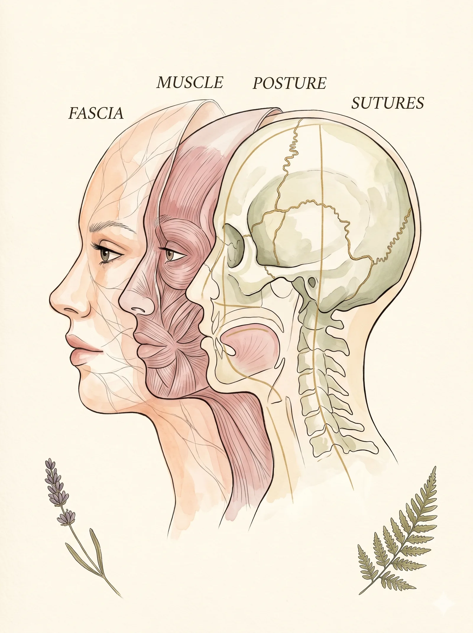 A face rendered in four overlapping layers — fascia, muscle, posture, and sutures