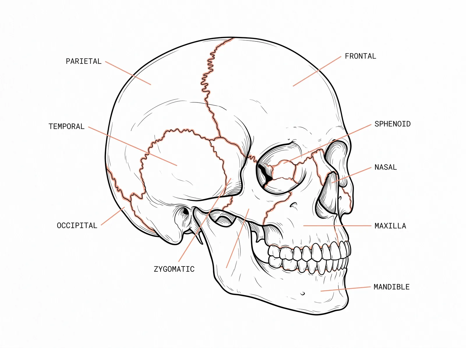 Anatomical illustration of the skull's twenty-two bones held together by sutures, showing the joints between them